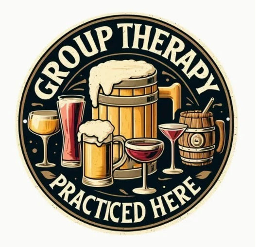 Group Therapy Practiced Here Funny Round Aluminum Sign — product artwork