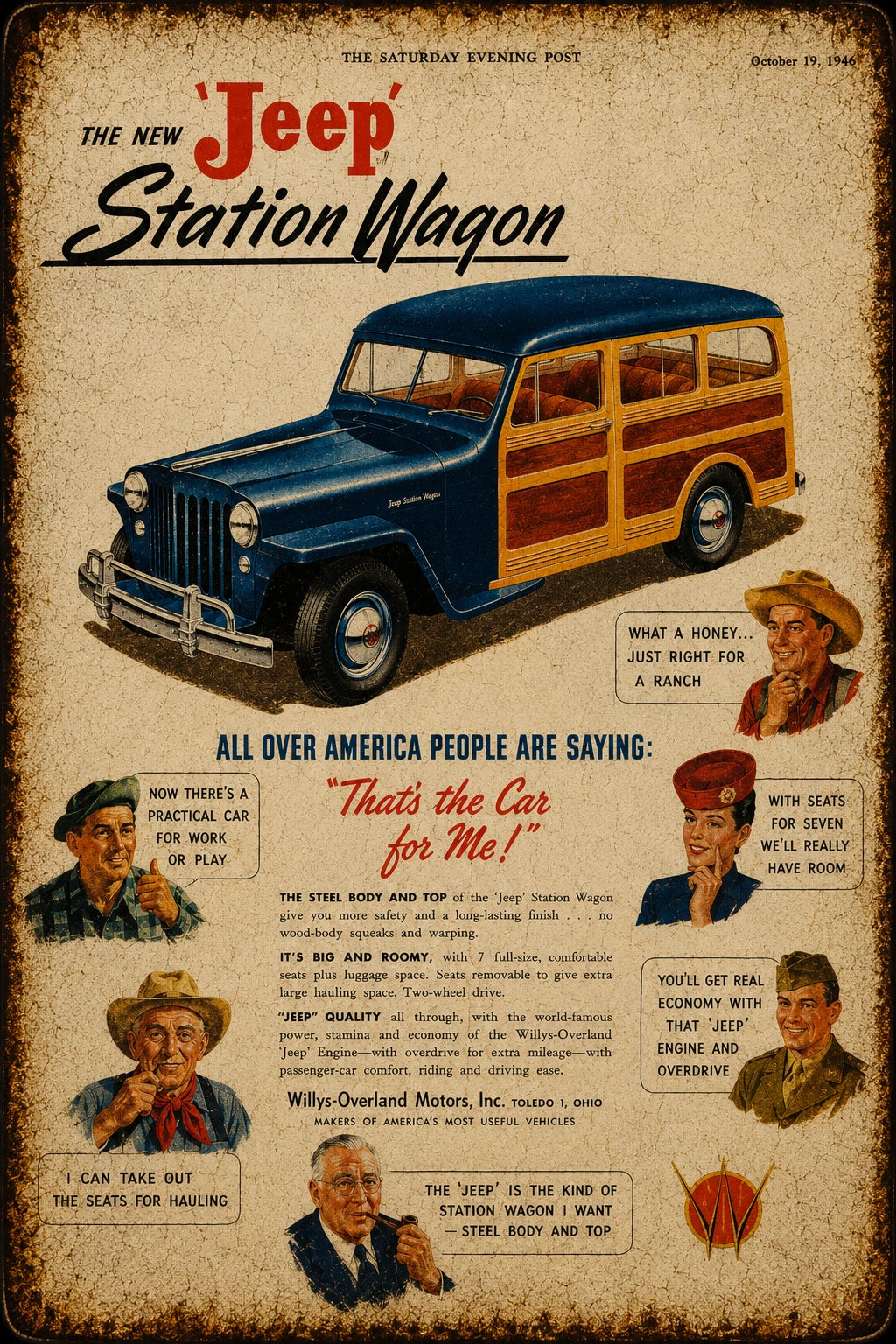 1940s Jeep Station Wagon Advertisement Aluminum Sign — product artwork