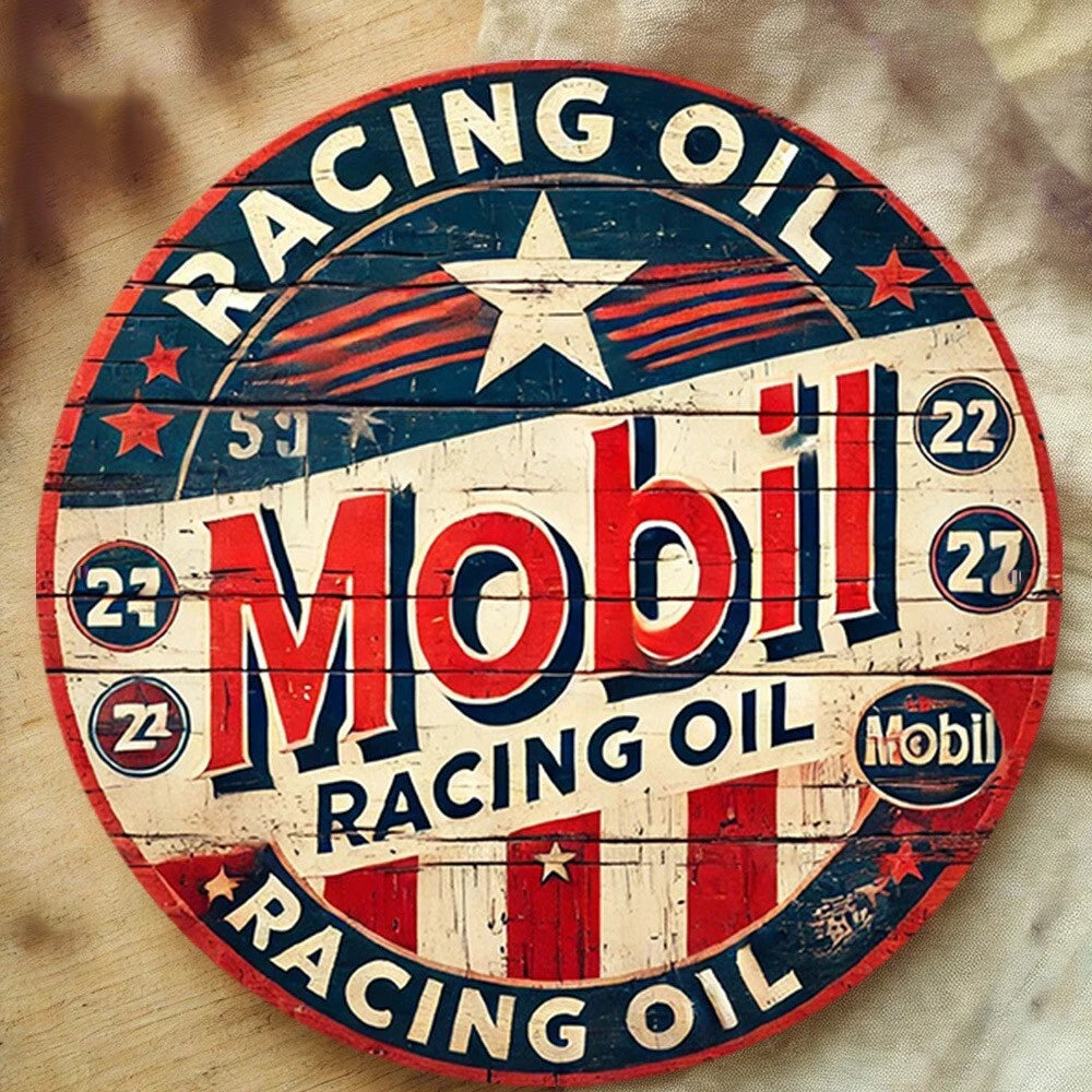 Mobil Racing Oil Vintage Round Aluminum Sign — product artwork