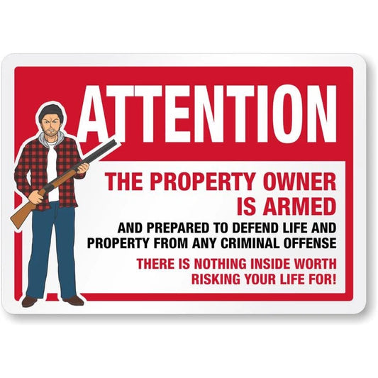 Attention Armed Property Owner Rifle Warning Aluminum Sign — product artwork