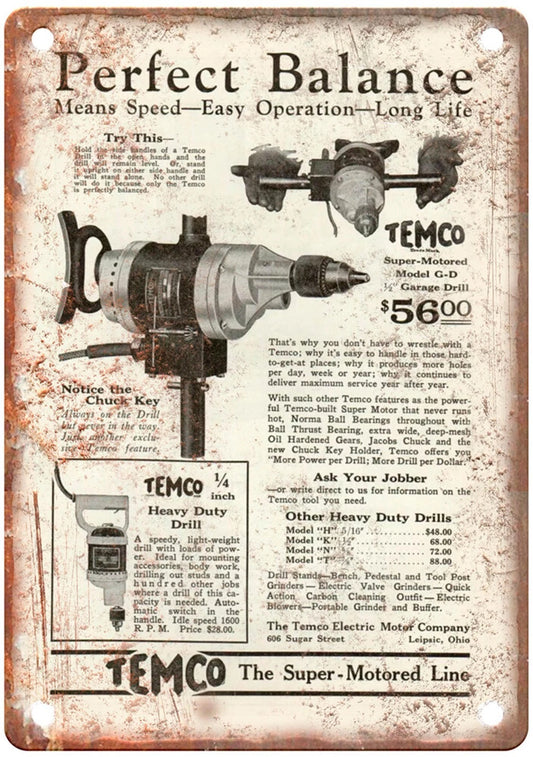 Vintage TEMCO 1926 Balance Drill Aluminum Sign — product artwork