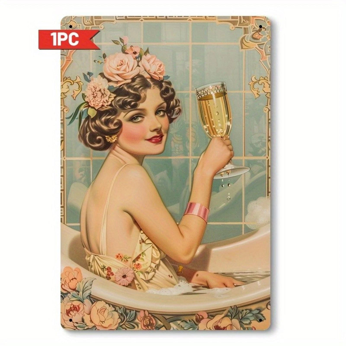Vintage Bath Lady with Champagne Funny Aluminum Sign — product artwork