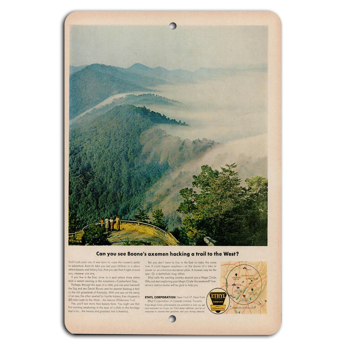 Vintage Misty Mountains Scenic Aluminum Sign — product artwork