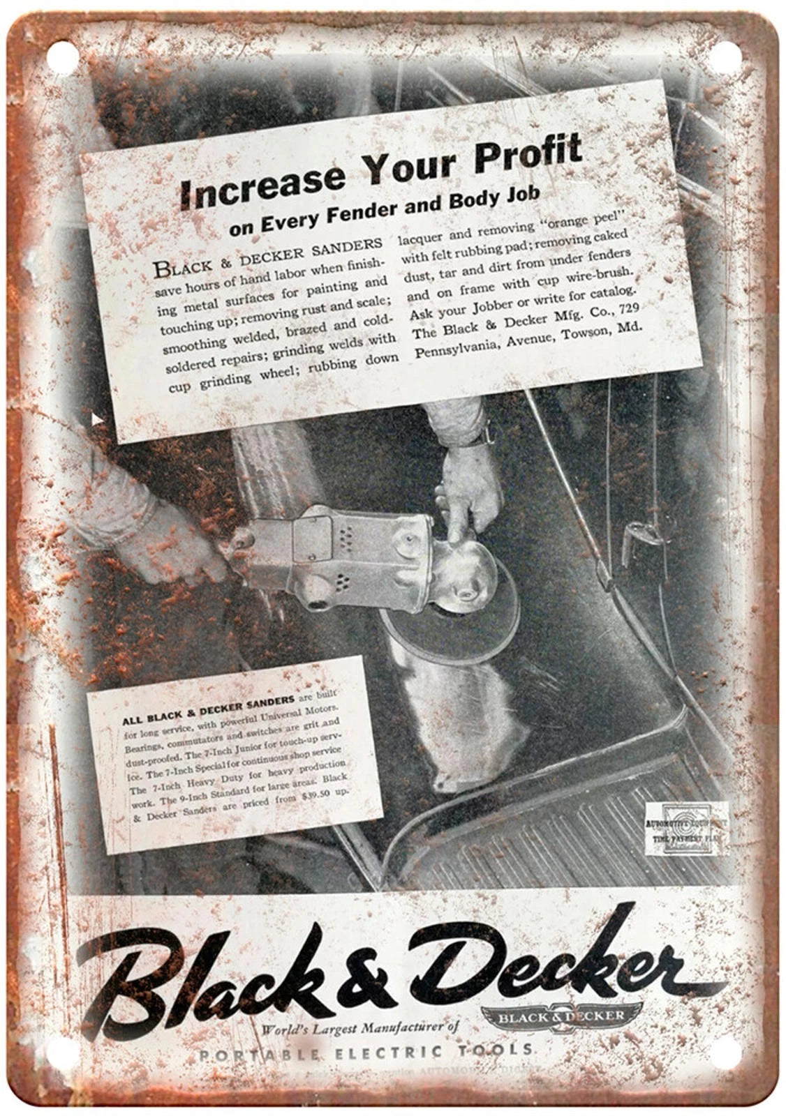 Vintage 1937 Black Decker Portable Electric Tool Aluminum Sign — product artwork