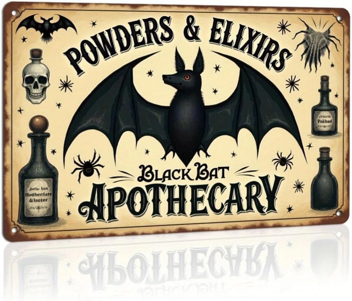 Halloween Black Bat Powders Elixirs Funny Aluminum Sign — product artwork