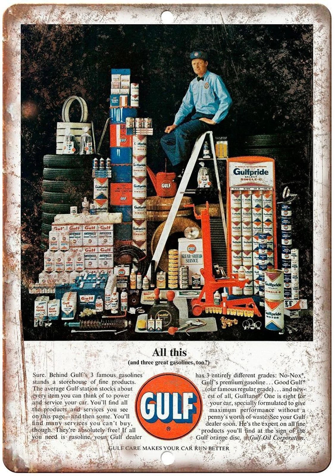 Vintage Gulf Motor Oil Magazine Ad Funny Aluminum Sign — product artwork