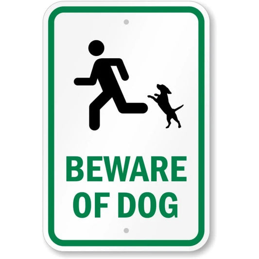 Beware of Dog Chasing Person Green Aluminum Sign — product artwork