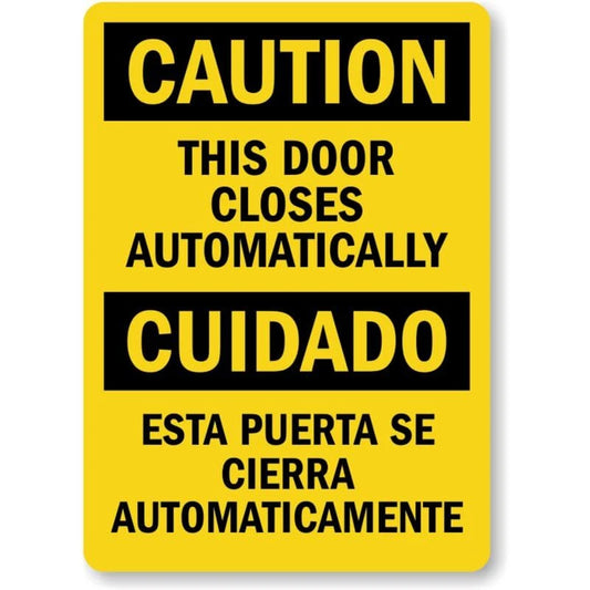 Bilingual Door Closes Automatically Aluminum Sign — product artwork