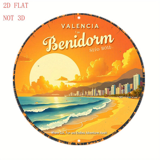 Spanish Bohemian Benidorm Beach Sunset Round Aluminum Sign — product artwork