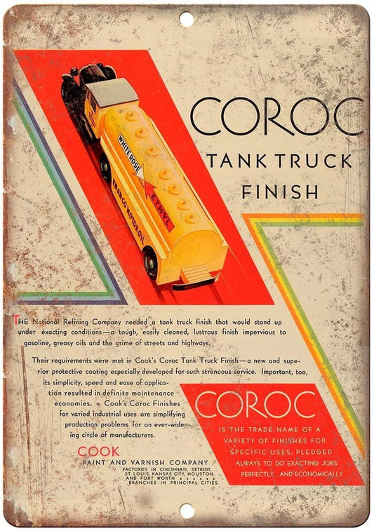 Vintage Corok Tank Truck Motor Oil Funny Aluminum Sign — product artwork