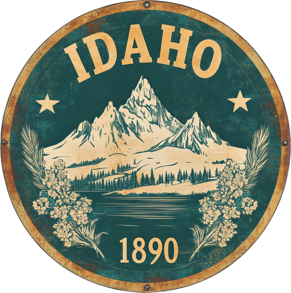 Idaho Vintage Scenic Round Aluminum Sign — product artwork