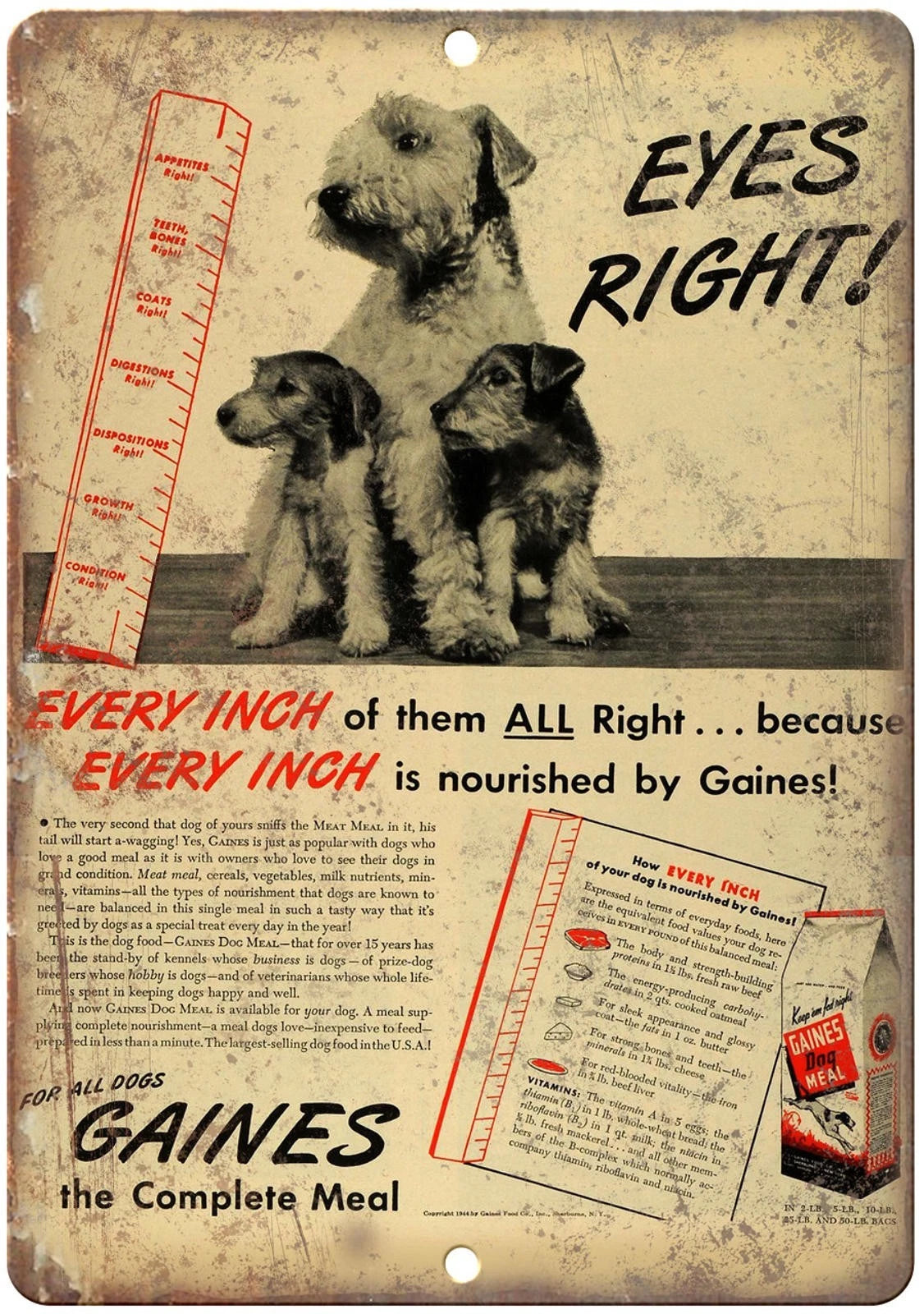 Vintage Dog Gaines Dog Meal Puppy Ad Funny Aluminum Sign — product artwork