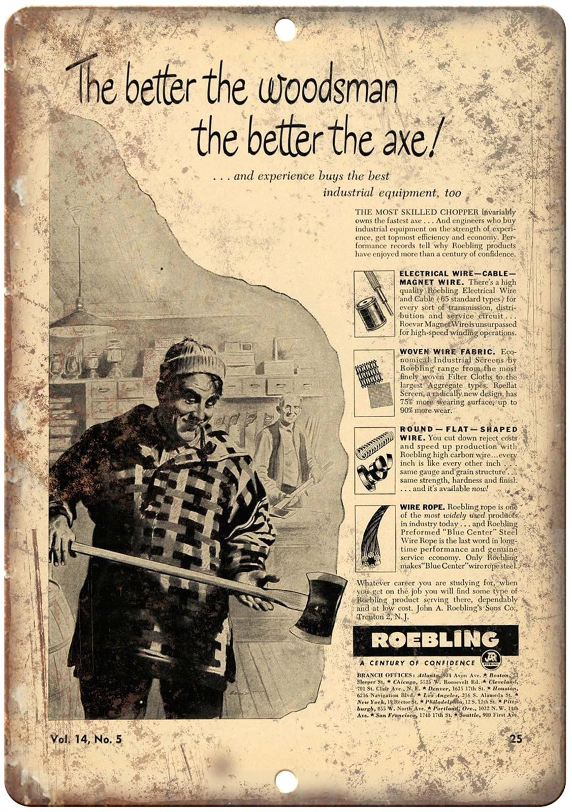 Woodsman Axe Roebling Vintage Reproduction Aluminum Sign — product artwork