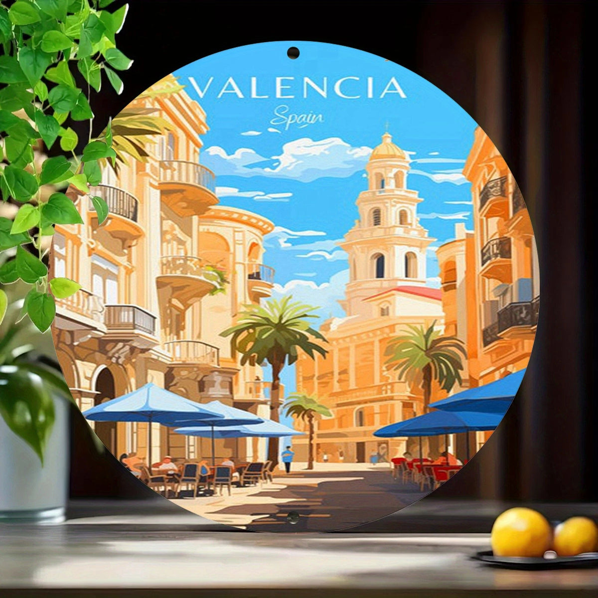 Vintage Travel Valencia Spain Funny Round Aluminum Sign — product artwork