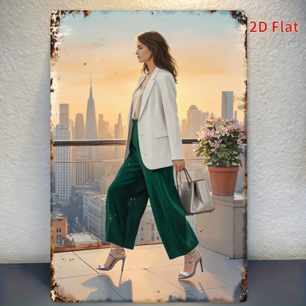 Decorative City Skyline Woman Walking Sunset Aluminum Sign — product artwork