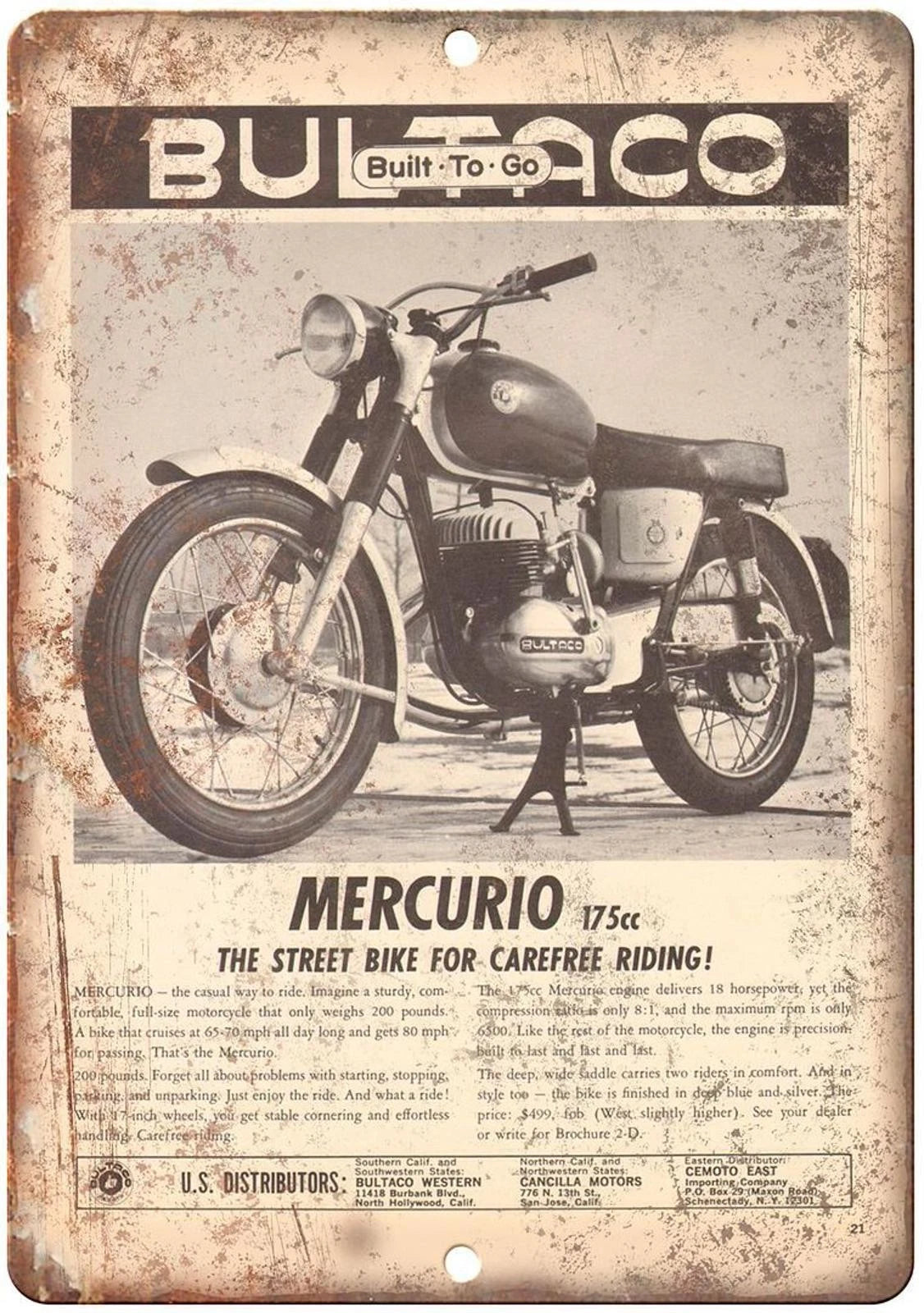 Vintage Motorcycle Mercurio 175CC Funny Garage Aluminum Sign — product artwork