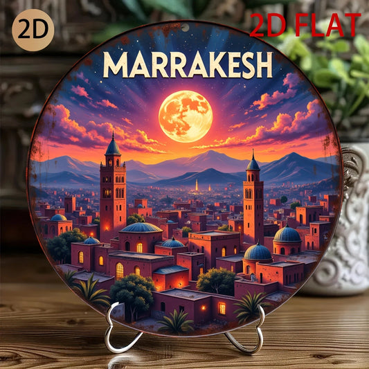 Marrakech Themed City Skyline Funny Round Aluminum Sign — product artwork
