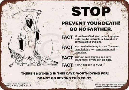 Cave Diving Funny Warning Aluminum Sign — product artwork