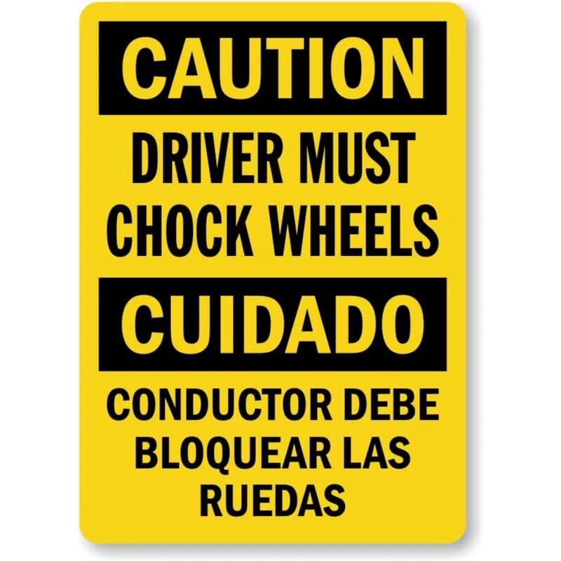 Bilingual Driver Chock Wheels Aluminum Sign — product artwork