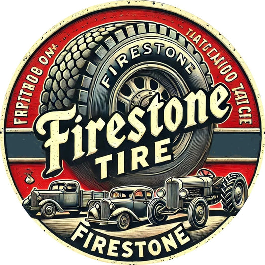 Vintage Firestone Tire Funny Round Aluminum Sign — product artwork