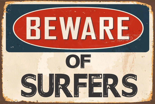 Novelty Sticker Tiger Beware of Surfers Funny Aluminum Sign — product artwork