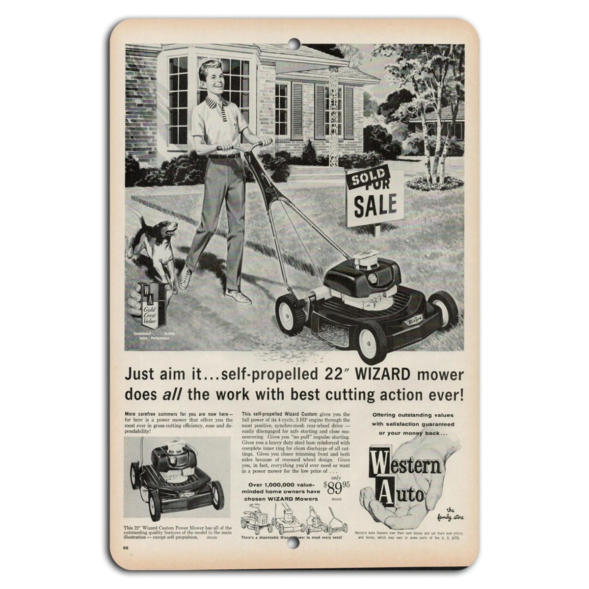 Vintage Retro Wizard Mower Garage Aluminum Sign — product artwork