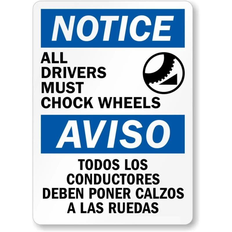 Bilingual Chock Wheels Notice Aluminum Sign — product artwork