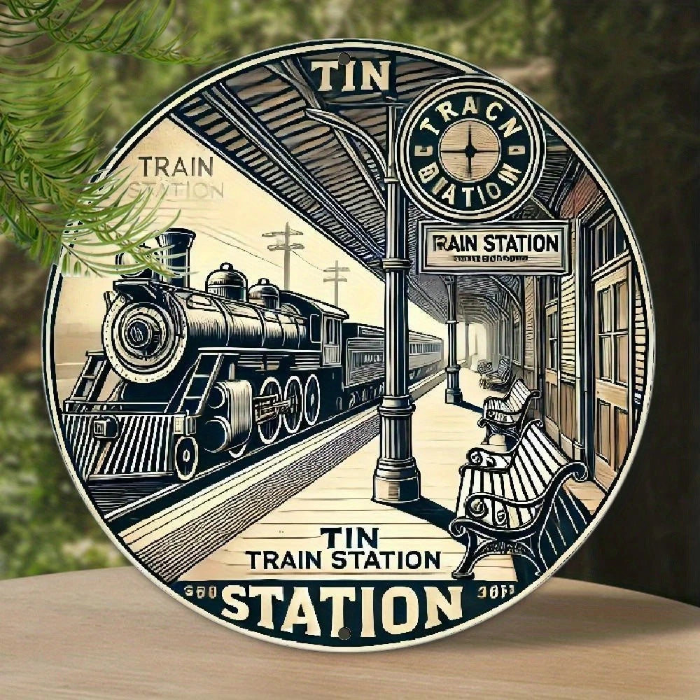 Train Station Vintage Funny Round Aluminum Sign — product artwork