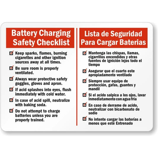 Battery Charging Checklist Bilingual Aluminum Sign — product artwork