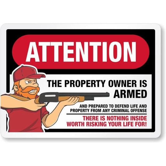 Attention Armed Property Owner Shotgun Warning Aluminum Sign — product artwork