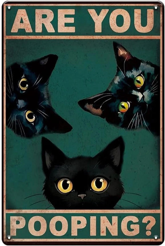 Funny Bathroom Pooping Cat Vintage Style Aluminum Sign — product artwork