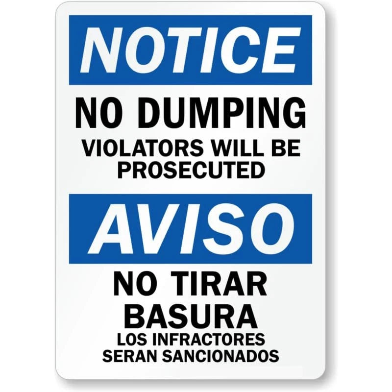 No Dumping Bilingual Warning Aluminum Sign — product artwork