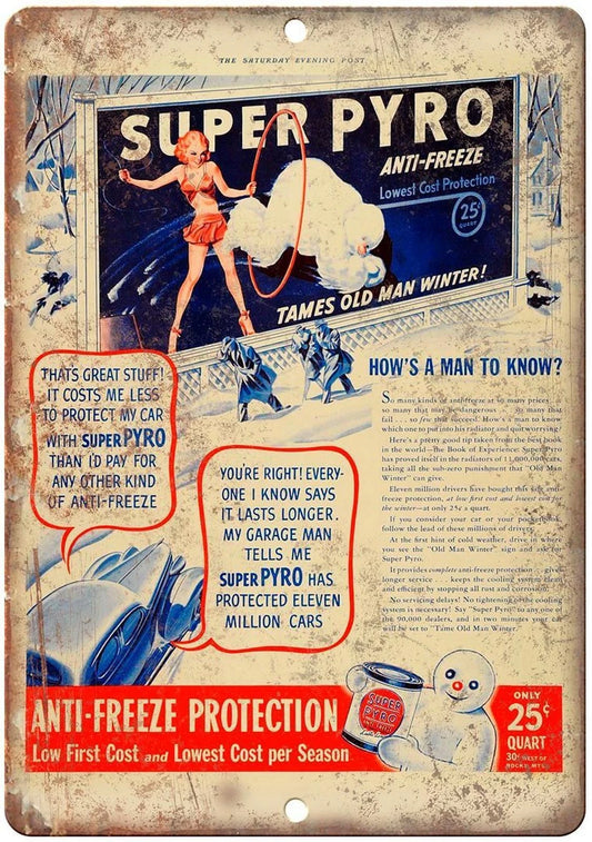Vintage Super Pyro Anti Freeze Funny Aluminum Sign — product artwork