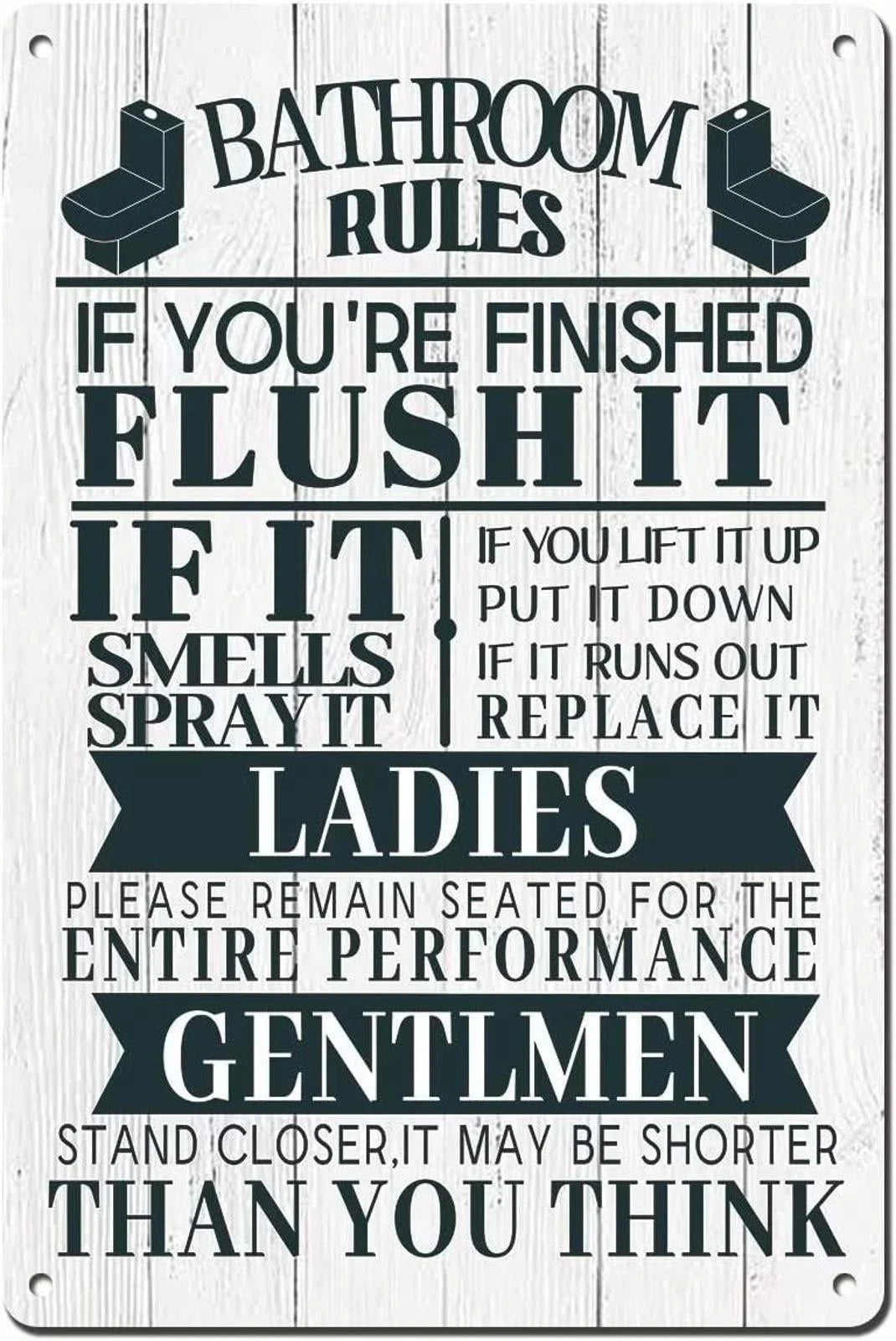 Rustic Bathroom Funny Bathroom Rules Aluminum Sign — product artwork