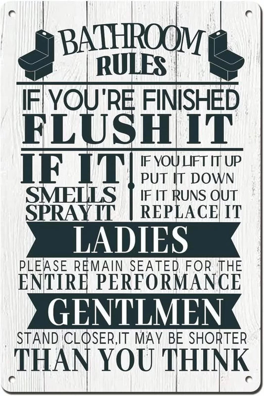 Rustic Bathroom Funny Bathroom Rules Aluminum Sign — product artwork