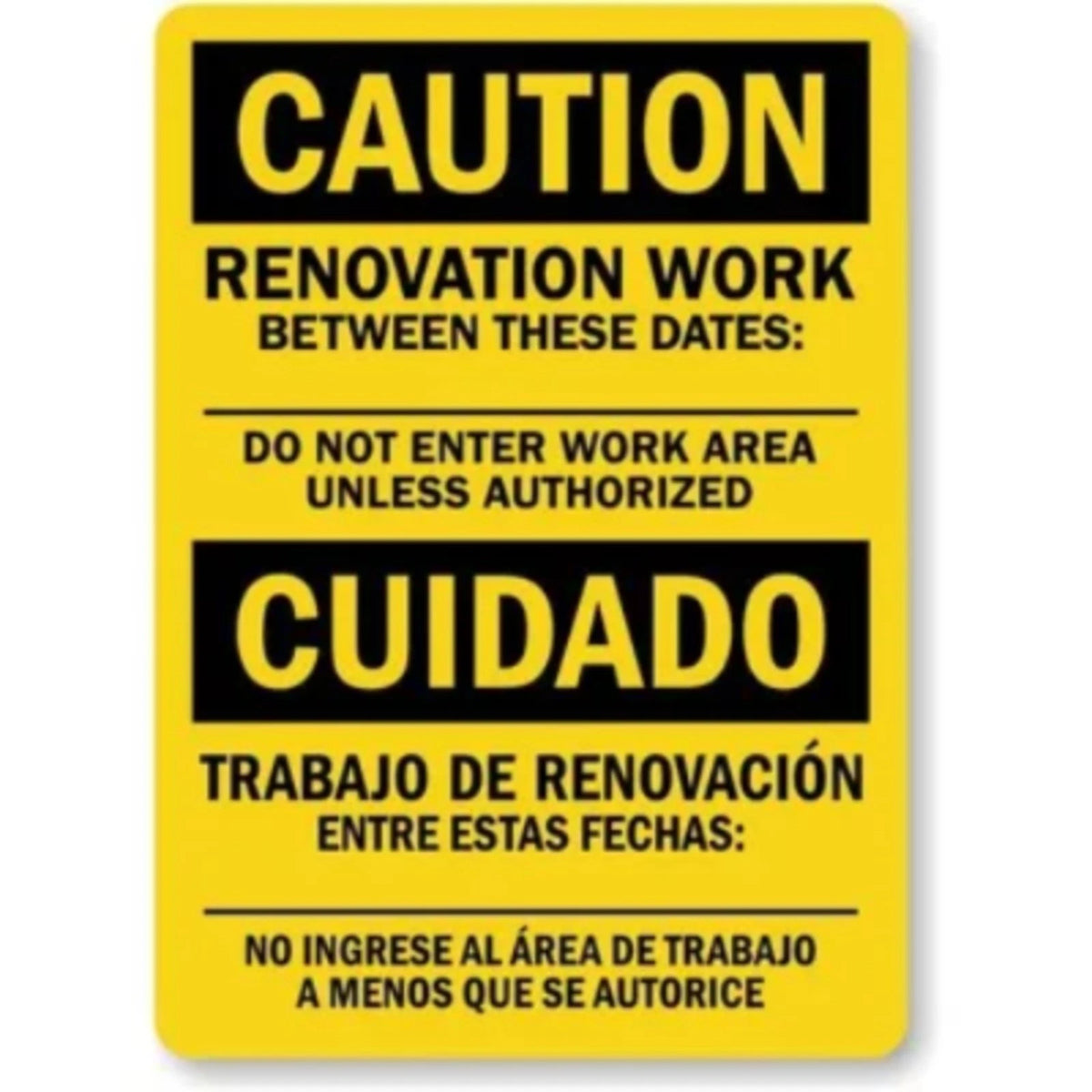 Bilingual Renovation Work Caution Aluminum Sign — product artwork