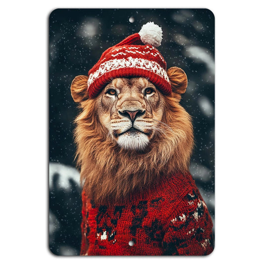 Novelty Cozy Lion Winter Wonderland Rustic Aluminum Sign — product artwork