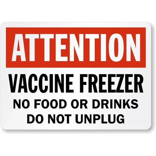 Attention Vaccine Freezer No Food or Drinks Do Not Unplug Aluminum Sign — product artwork
