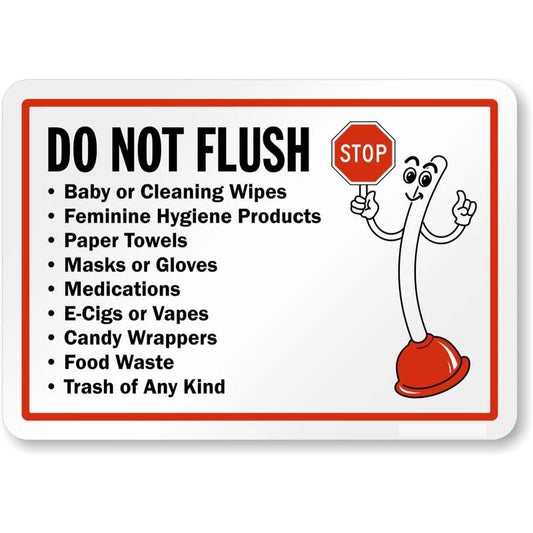Do Not Flush Wipes Trash of Any Kind Plunger Mascot Aluminum Sign — product artwork