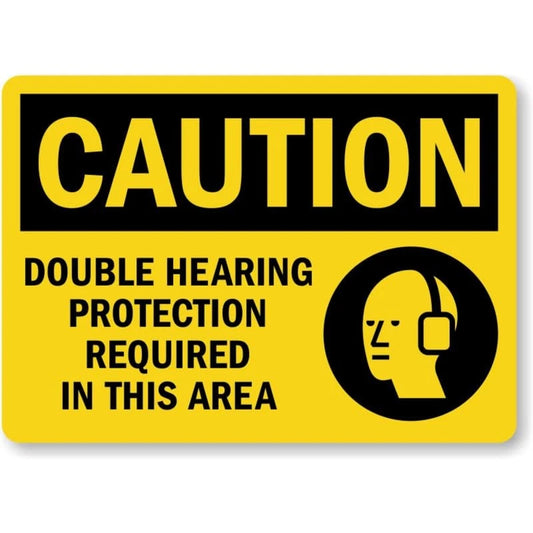 Caution Double Hearing Protection Required Aluminum Sign — product artwork