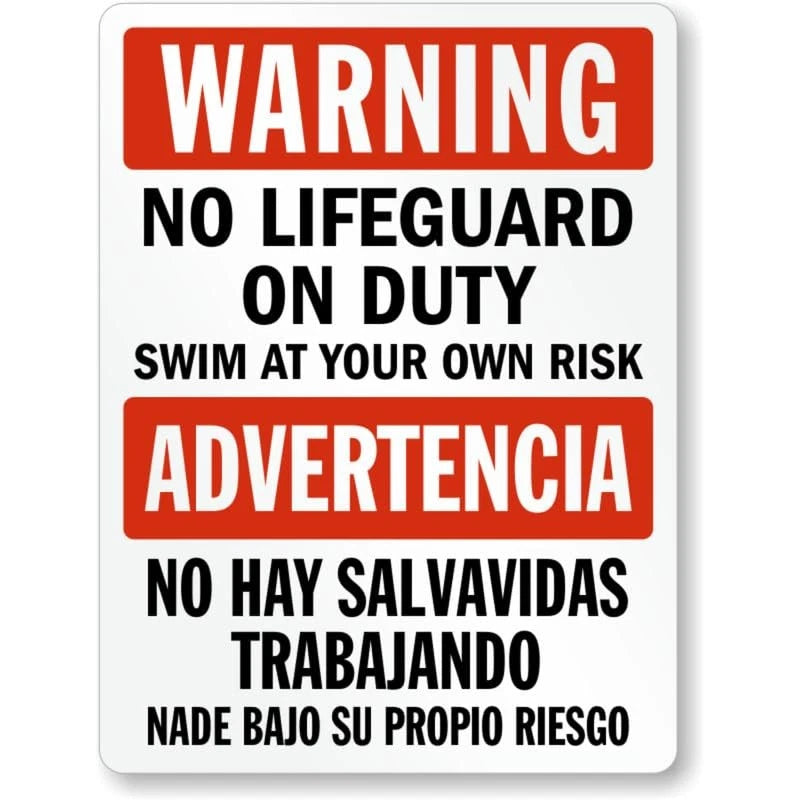 No Lifeguard Bilingual Swim at Own Risk Pool Aluminum Sign — product artwork