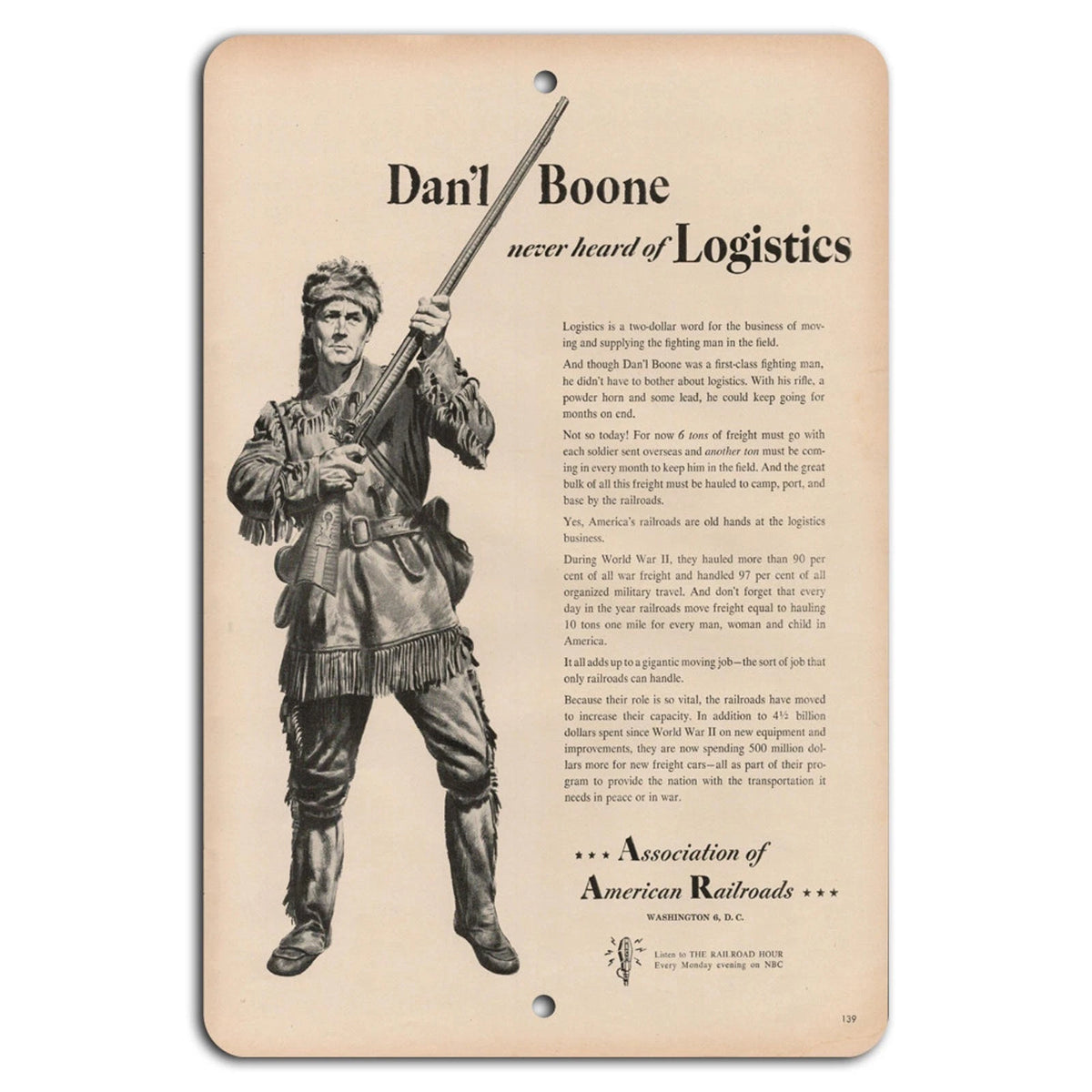 Daniel Boone Never Heard of Logistics Railroad Vintage Aluminum Sign — product artwork