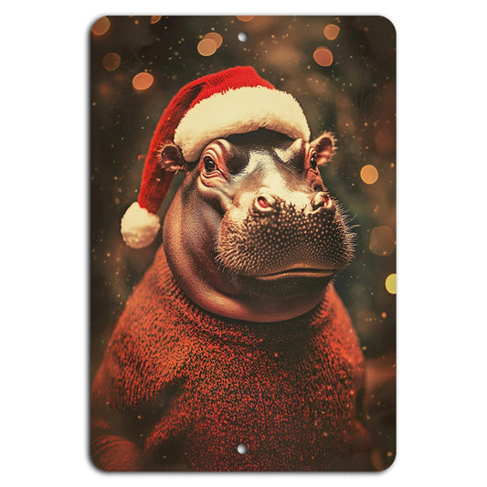 Holiday Festive Hippo Santa Christmas Aluminum Sign — product artwork