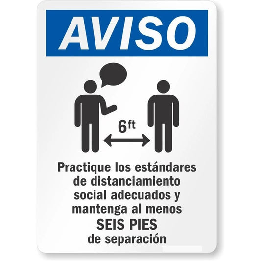 Practice Social Distancing and Maintain 6 Ft Spanish Aluminum Sign — product artwork