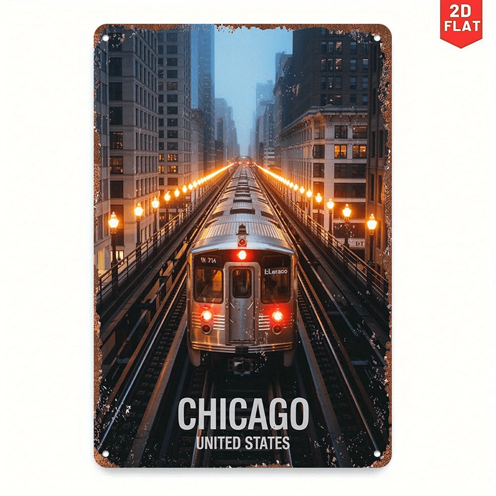 Chicago Vintage L Train Skyline Art Aluminum Sign — product artwork