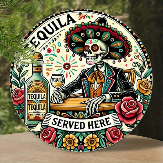 Skeleton Tequila Funny Mexican Vintage Round Aluminum Sign — product artwork