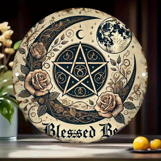Gothic Pentagram Roses Moon Motifs Round Aluminum Sign — product artwork