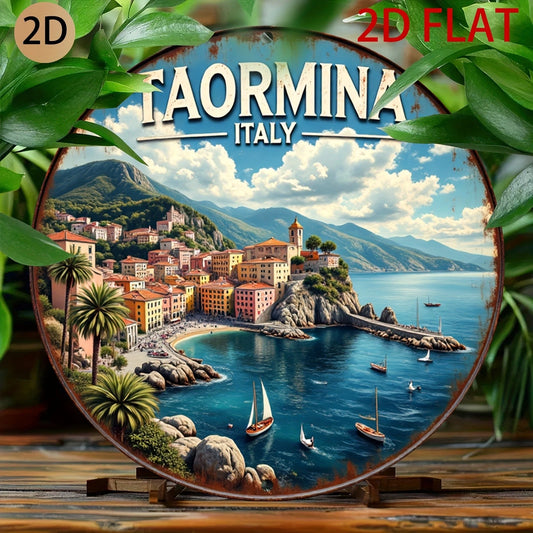 Italy Taormina Sicily Coastline Greek Roman Ruins Round Aluminum Sign — product artwork
