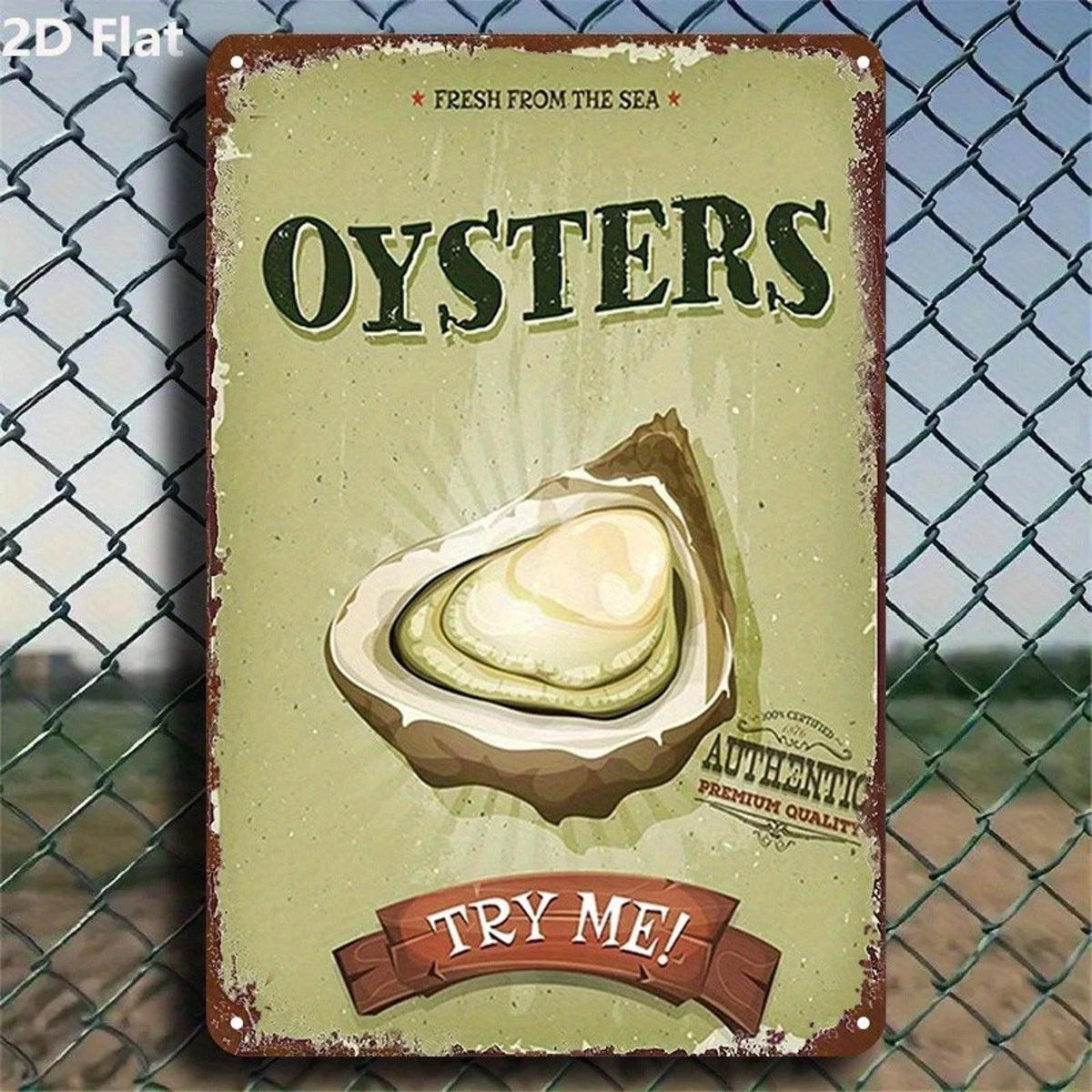 Vintage Oysters 'try Me!' Retro Seafood Kitchen Aluminum Sign — product artwork