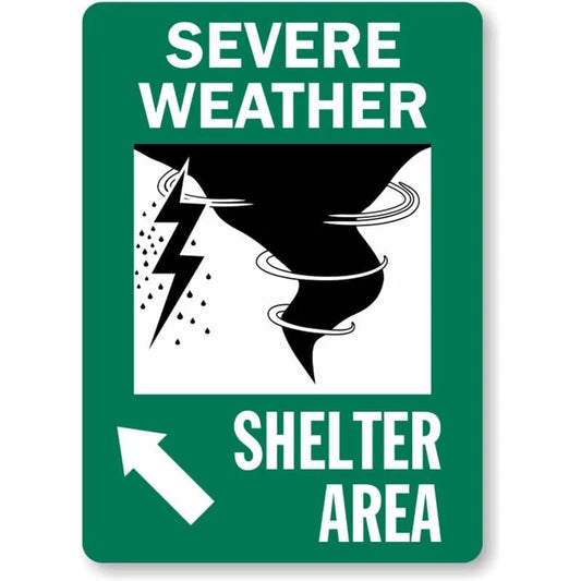Severe Weather Shelter Area Upper Left Arrow Aluminum Sign — product artwork